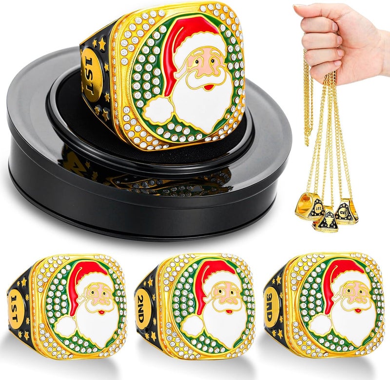 Highergo 3 Pcs Santa Claus Championship Trophy Rings Santa Award 1st, 2nd, 3rd Place Holiday Competition Prize with Display Neck Chain and Stand for Xmas Christmas Party Competition Gift - Image 1